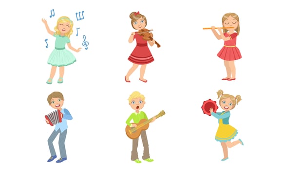 Kids Playing Music and Singing Set, Boys and Girls with Musical Instruments, Children Playing Violin, Flute, Accordion, Guitar, Tambourine Illustration vector