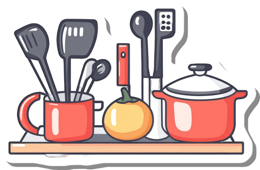 Kitchen Utensils and Pot Resting on a Shelf png