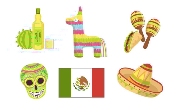 Traditional Cultural Mexico Symbols Set, Maracas, Pinata, Sugar Skull, Flag, Sombrero Hat, Tequila Illustration vector