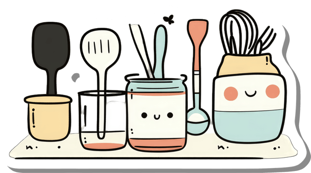 Cute Kitchen Utensils And Jars On A Shelf png