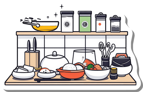 Kitchen Shelf with Prepared Sushi and Cooking Ingredients png