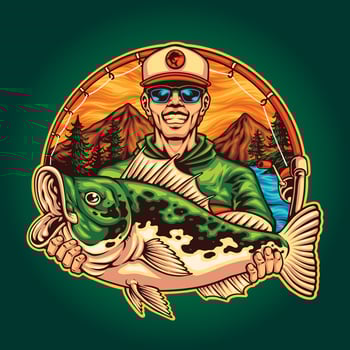 largemouth bass fishing on mountain lake illustration vector
