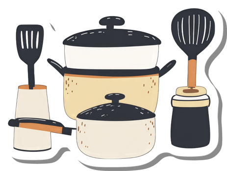 A Colorful Collection Of Kitchen Pots And Utensils png