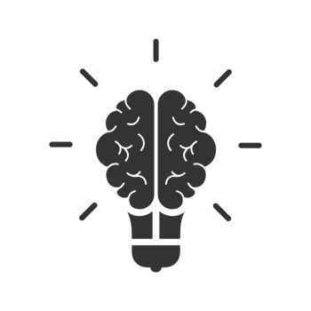 A black and white image of a light bulb with a brain inside png