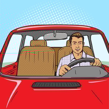 Man drive car pop art style illustration. Comic book style imitation. Vintage retro style. Conceptual illustration vector