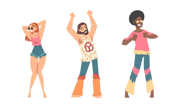 Hippie People Character Wearing Retro Style Clothing Performing Dancing Movement Set vector