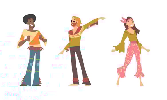 Hippie People Character Wearing Retro Style Clothing Performing Dancing Movement Set vector