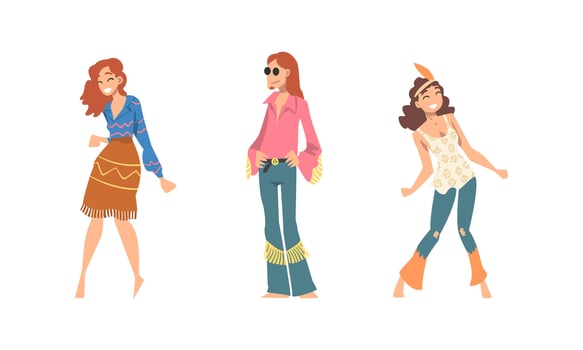 Hippie People Character Wearing Retro Style Clothing Performing Dancing Movement Set vector