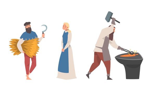Bearded Medieval Male Peasant Carrying Hay and Blacksmith with Hammer Illustration Set vector