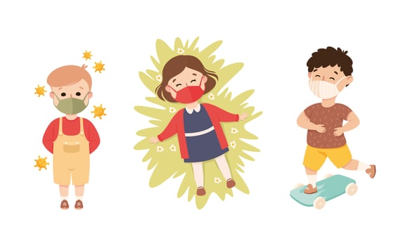 Happy Boy and Girl Wearing Face Mask as New Normal Lifestyle Illustration Set vector