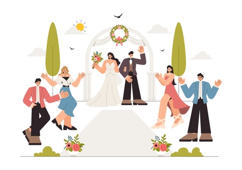 Elegant Wedding Celebration Illustration with Flowers and a Happy Couple vector