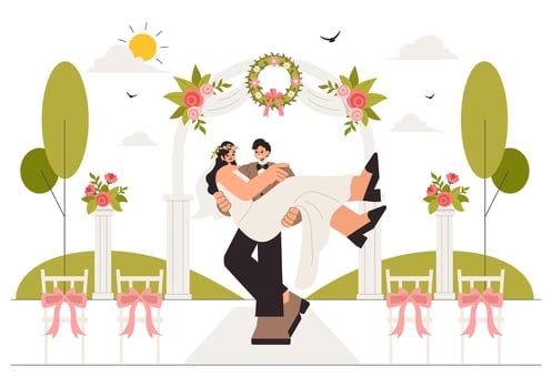 Bride and Groom Wedding Scene Illustration with Beautiful Floral Decor vector