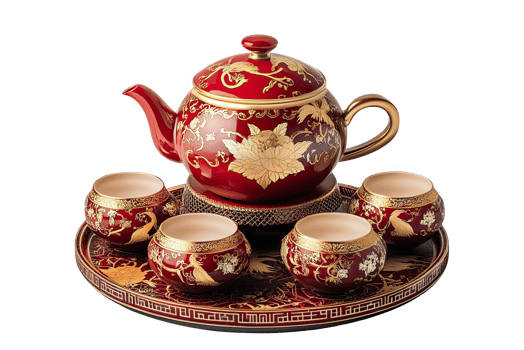 A red tea set with gold leaf on it png