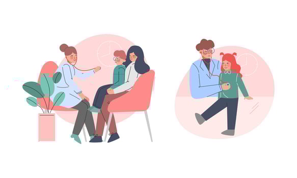 Man and Woman Doctor Pediatrician in Lab Coat Examining Little Kid in Hospital Set vector