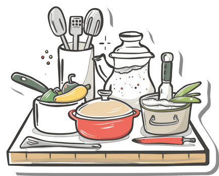 Kitchen Utensils and Cooking Pots Arranged on a Countertop png