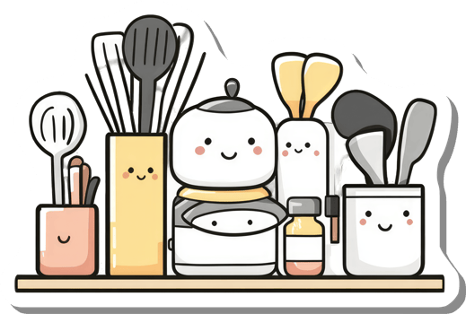 Cute Kitchen Utensils Arranged On A Shelf png