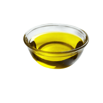 A clear glass bowl filled with golden yellow liquid likely cooking oil. png