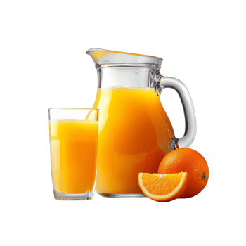A clear glass jug filled with vibrant orange juice sitting next to a glass filled with the same juice. png