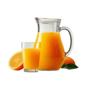 A clear glass jug filled with vibrant orange juice. png
