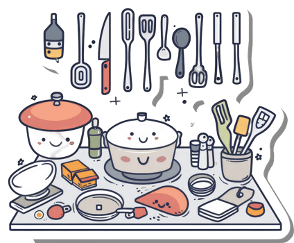Cute Kitchen Utensils and Cooking Supplies on a Table png
