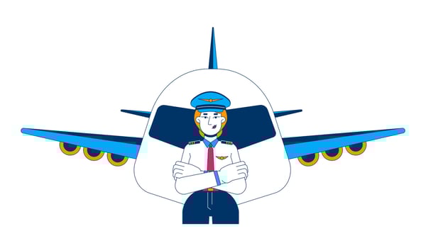Female pilot with airplane cartoon flat illustration. Airline captain. Confident woman leader with crossed arms in aviation career 2D character isolated on white background. colorful image vector