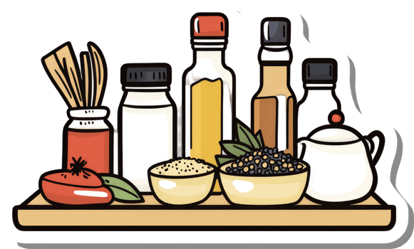 Assorted Cooking Ingredients Arranged On Wooden Tray png