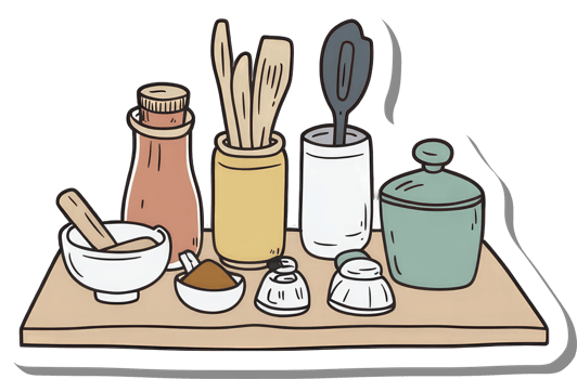 Kitchen Utensils and Spices Arranged on a Wooden Shelf png