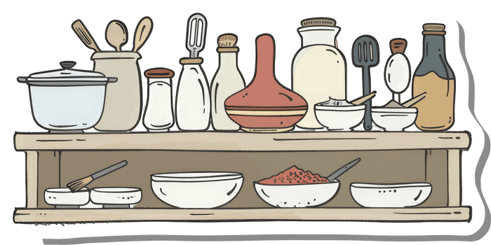 Kitchen Utensils and Ingredients Organized on Wooden Shelf png