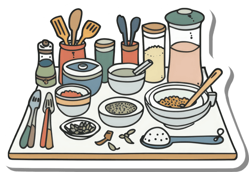 Kitchen Utensils and Ingredients Arranged on a Table png