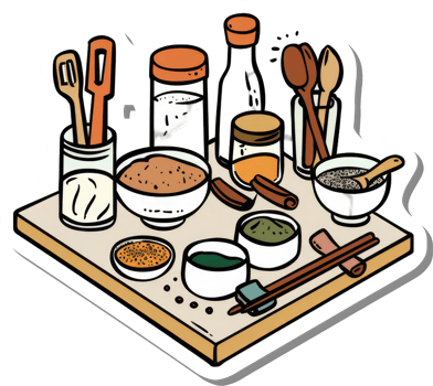 Assorted Spices and Utensils on a Wooden Board png