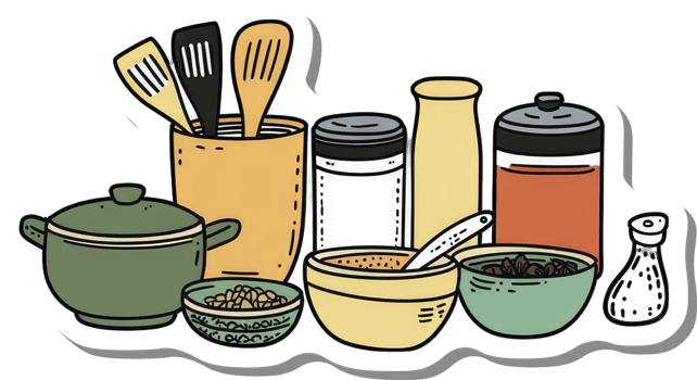 Kitchen Utensils and Spice Containers Arranged Neatly png