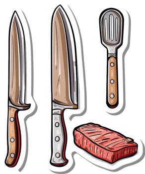Kitchen Utensils and Steak Ready for Cooking png