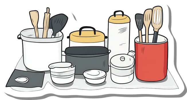 Kitchen Utensils and Cookware Arranged Neatly on a Surface png