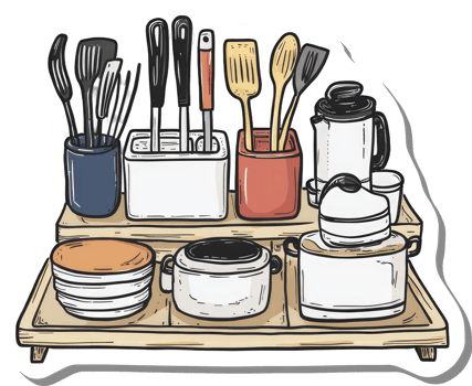 Kitchen Utensils and Cookware Organized on a Wooden Tray png