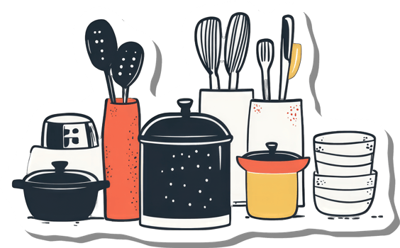 Kitchen Utensils and Cookware in a Colorful Arrangement png