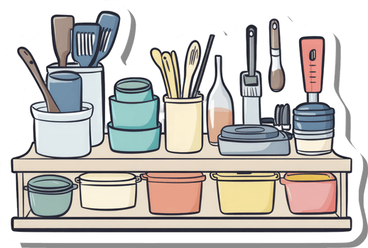 Organized Kitchen Utensils and Cookware on Shelf png