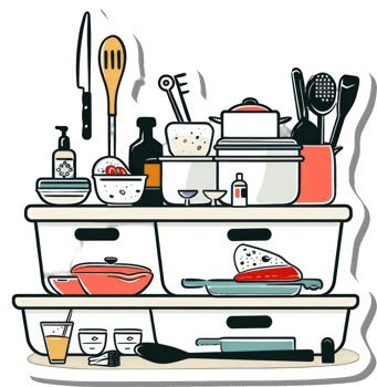 Kitchen Utensils and Cookware Organized on Shelves png