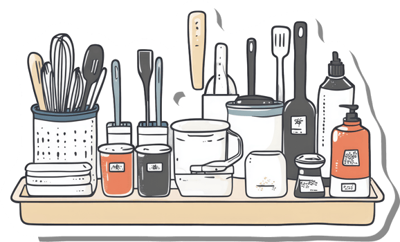 Organized Kitchen Utensils and Condiments on Tray png