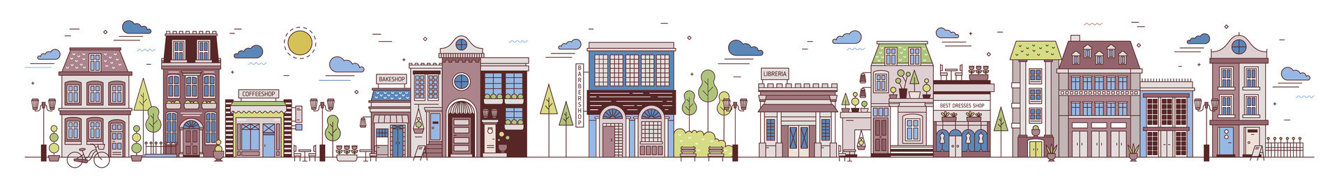Seamless horizontal urban landscape with city street. Cityscape with beautiful buildings, residential houses, shops, park. Modern colorful illustration in line art style vector