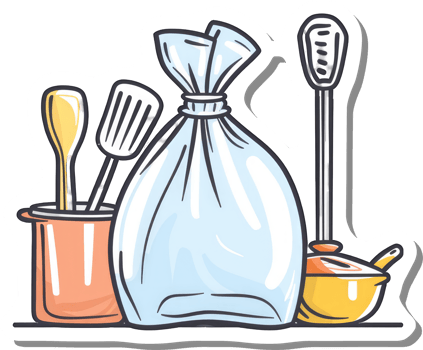Kitchen Utensils and Food Storage Bag Together png