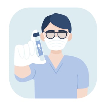 Sperm test analysis. Doctor in a glove holds a container with sperm sample. Illustration in flat style. vector