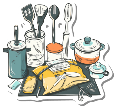 Kitchen Utensils and Cookware Arranged on a Surface png