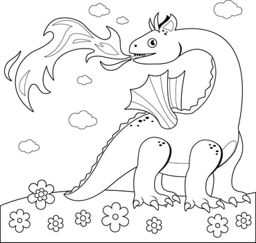 Fire breathing dragon. Mythical fairy tale animal, winged dragon with flame breath. Black and white coloring page. vector