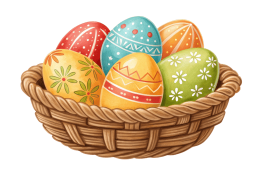 Colorful decorative eggs in a woven basket png