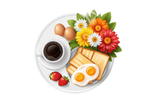 Eggs, toast, strawberries, and coffee png