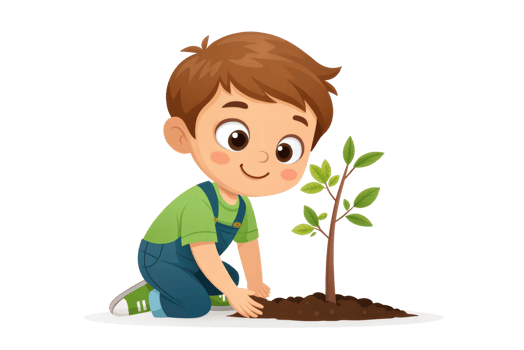 Child planting a young tree with joy in the garden png