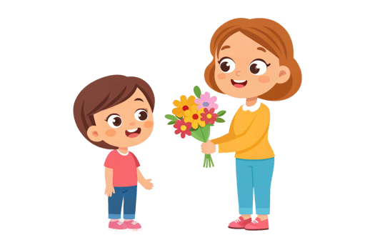 Child happily receives flowers from adult png