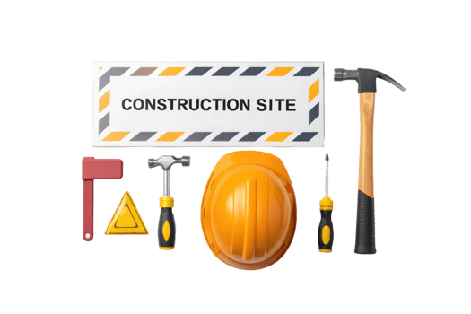 Construction site tools and safety gear displayed png