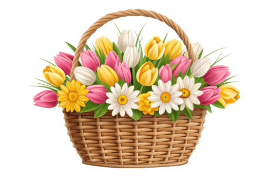 Bright floral arrangement in a wicker basket png