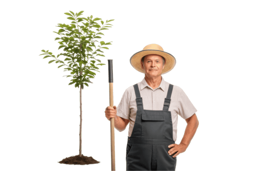 Gardener with a shovel by a young tree png